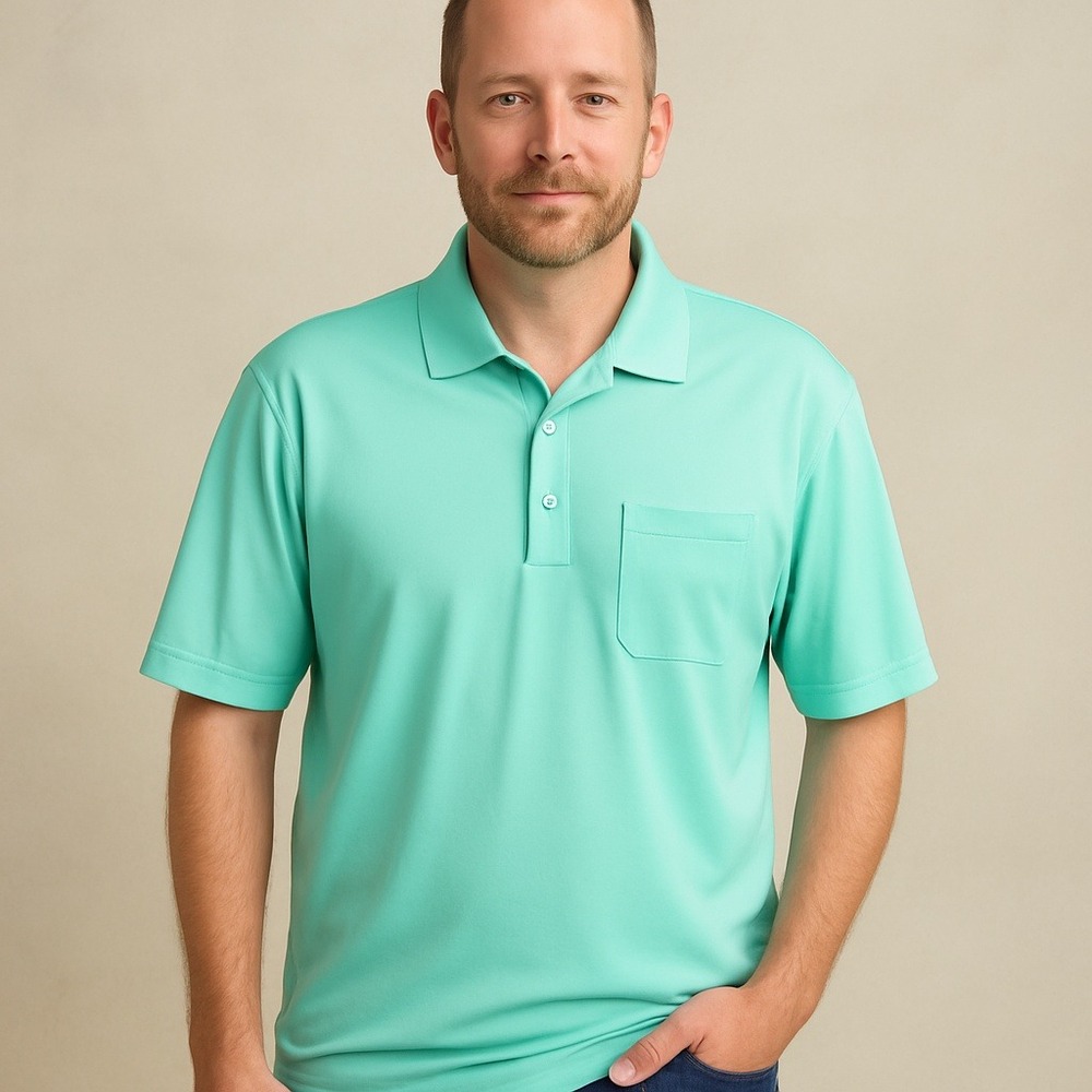 Greg Norman Play Dry Aqua Blue Golf Polo Shirt Men's XXL Pocket‎ Shark Logo